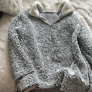 Cozy Gray Sherpa Quarter-Zip Pullover Sweater